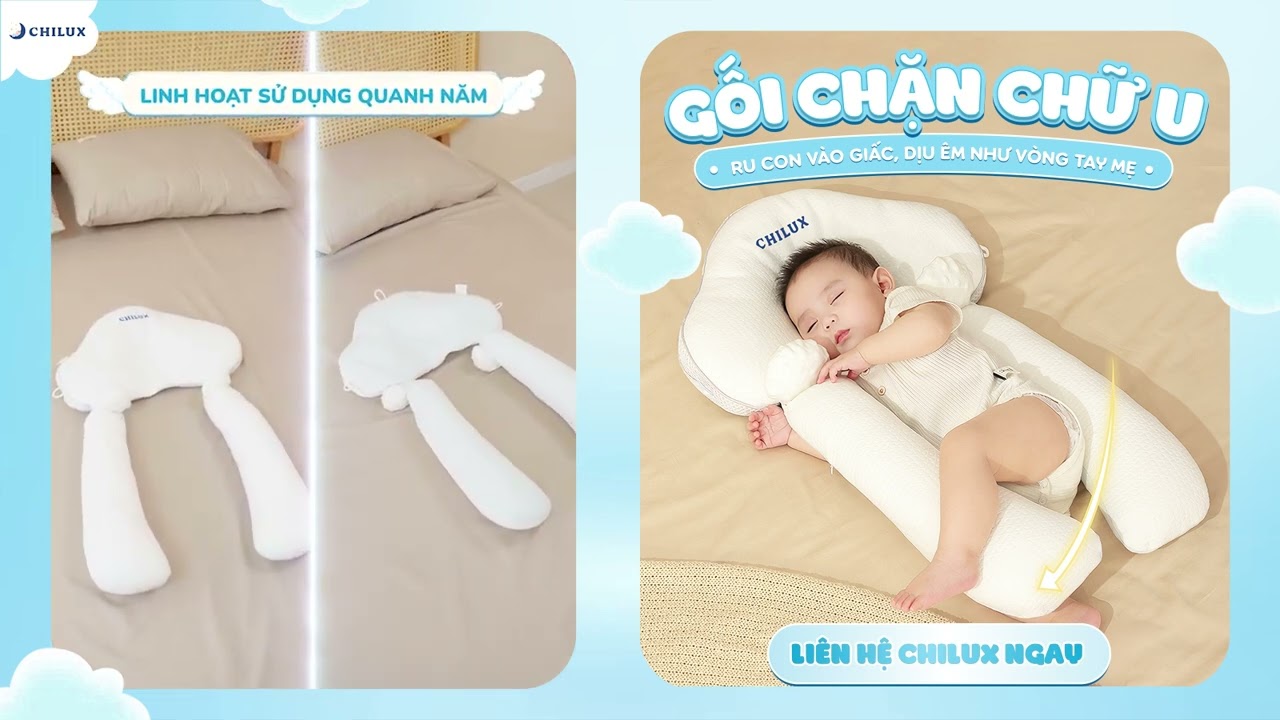 Gối chữ U chống giật mình cho bé, có định hình chống bẹp đầu cho trẻ sơ sinh